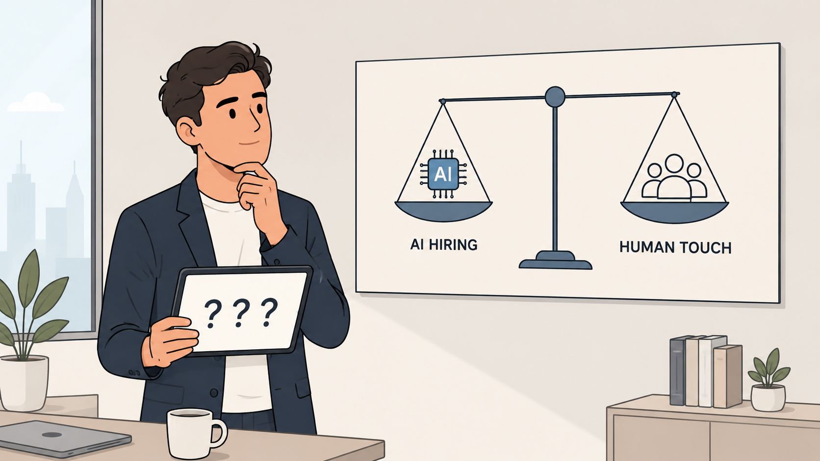A professional man contemplating a balance scale comparing AI hiring technology against the value of human touch.