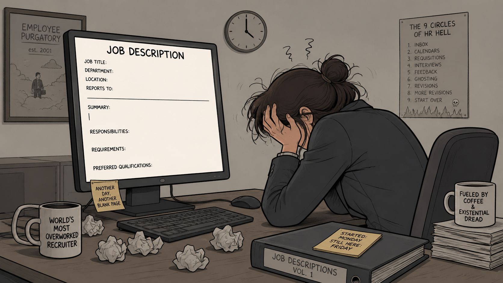 A stressed recruiter slumped at a desk with a blank computer screen in an office setting.