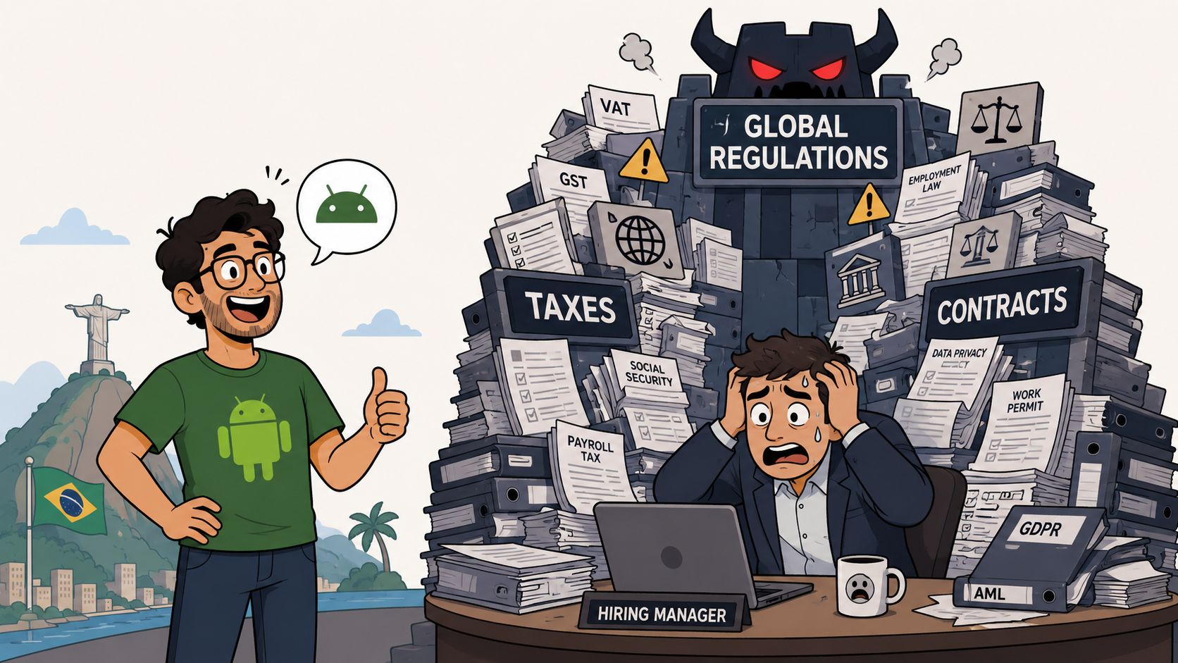 A happy Android developer stands next to a stressed hiring manager buried under massive piles of global paperwork.