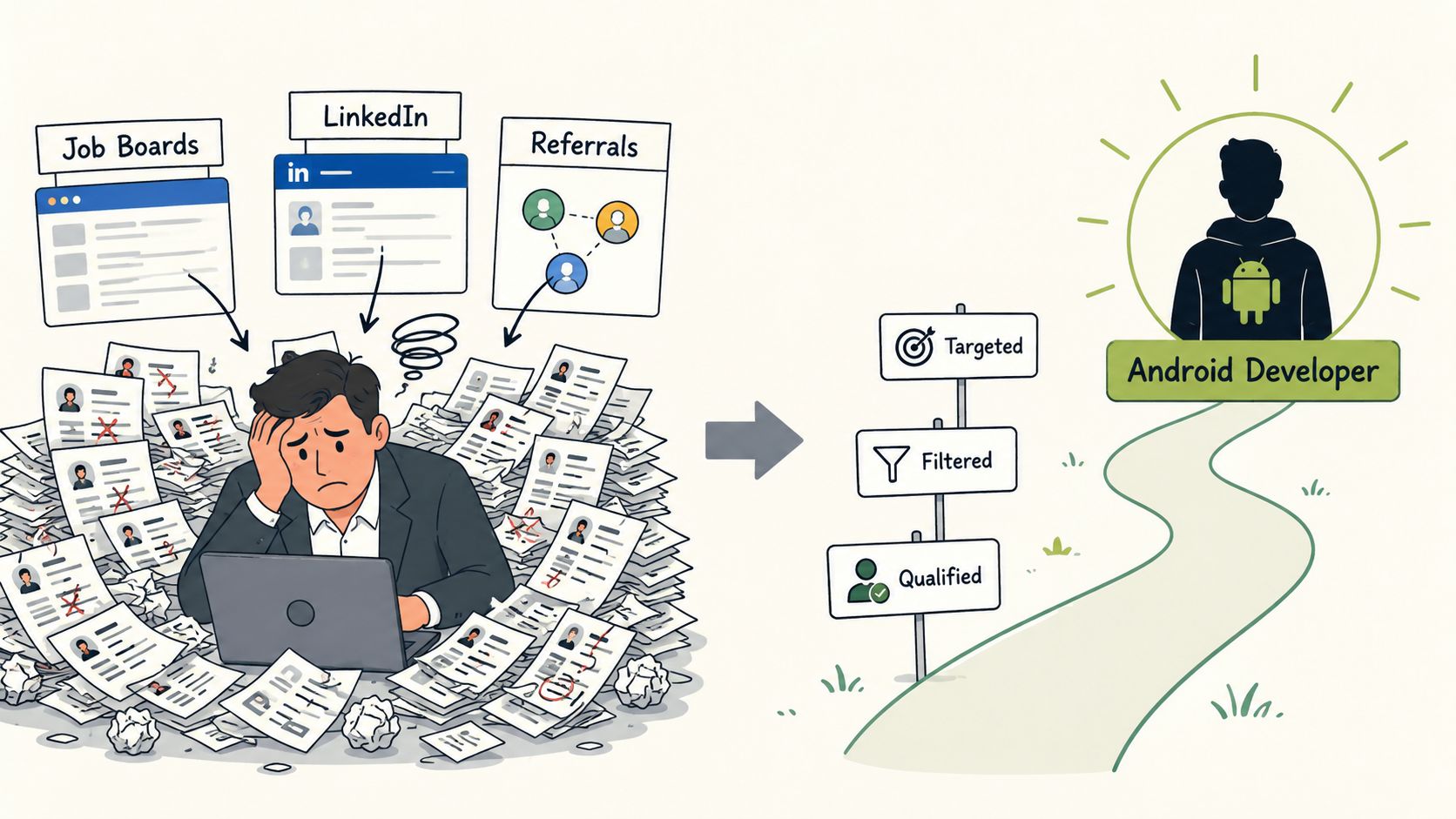 A recruiter overwhelmed by resumes finds a streamlined path to hiring a qualified Android app developer.