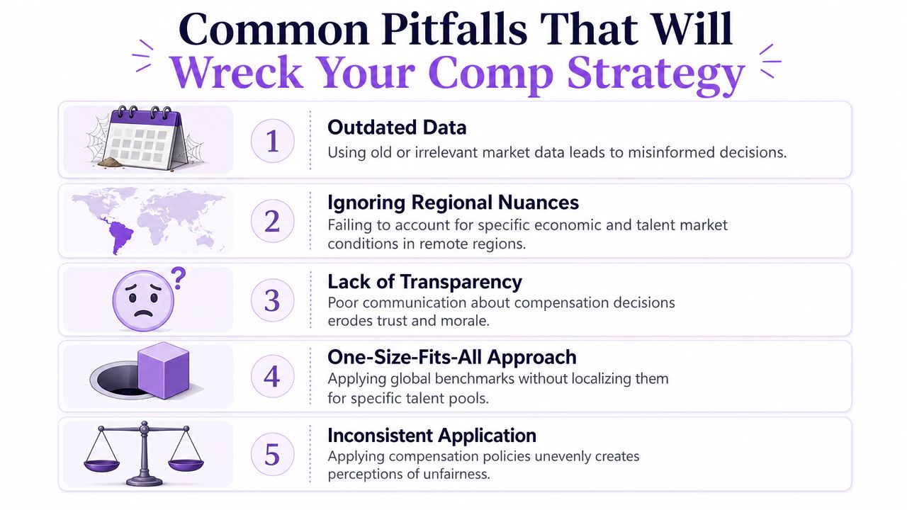 An infographic listing five common pitfalls that can negatively impact a company's compensation benchmarking strategy.