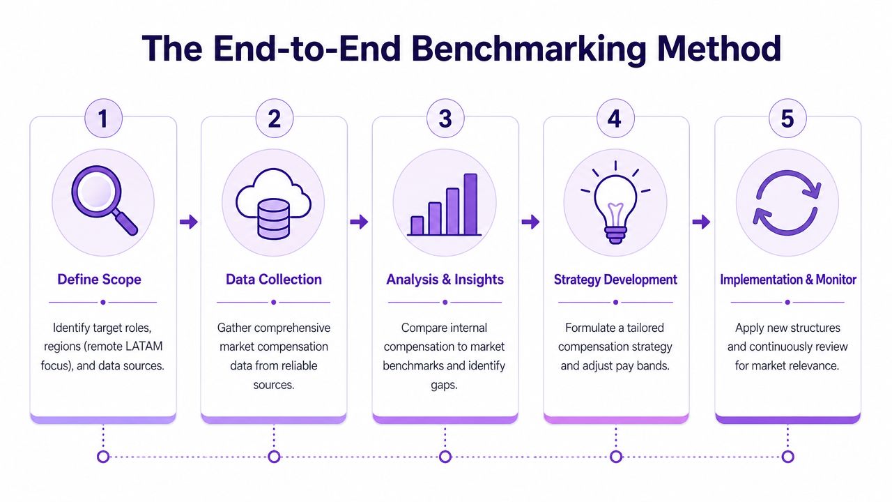 A five-step infographic titled The End-to-End Benchmarking Method for effective compensation strategy and market data analysis.