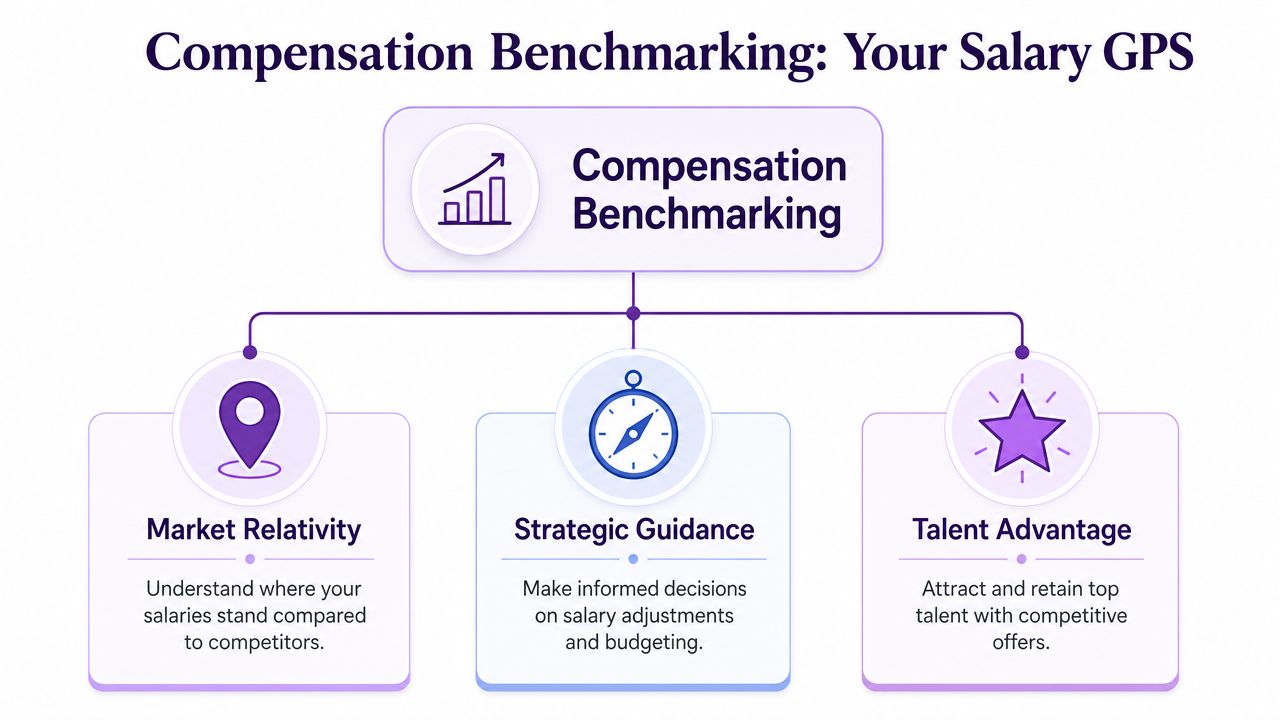 A diagram illustrating compensation benchmarking as a salary GPS tool for market relativity, strategic guidance, and talent advantage.