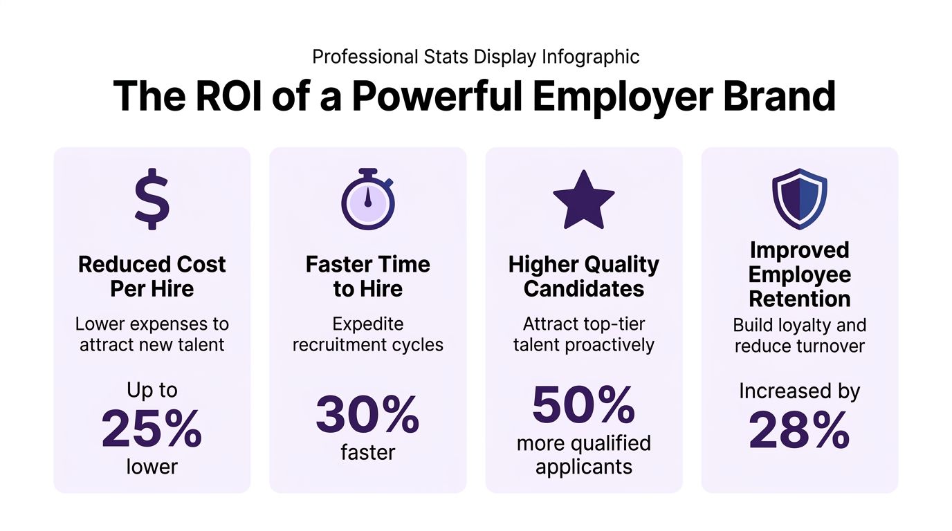 An infographic showing the ROI of a powerful employer brand with statistics on hiring efficiency and retention.