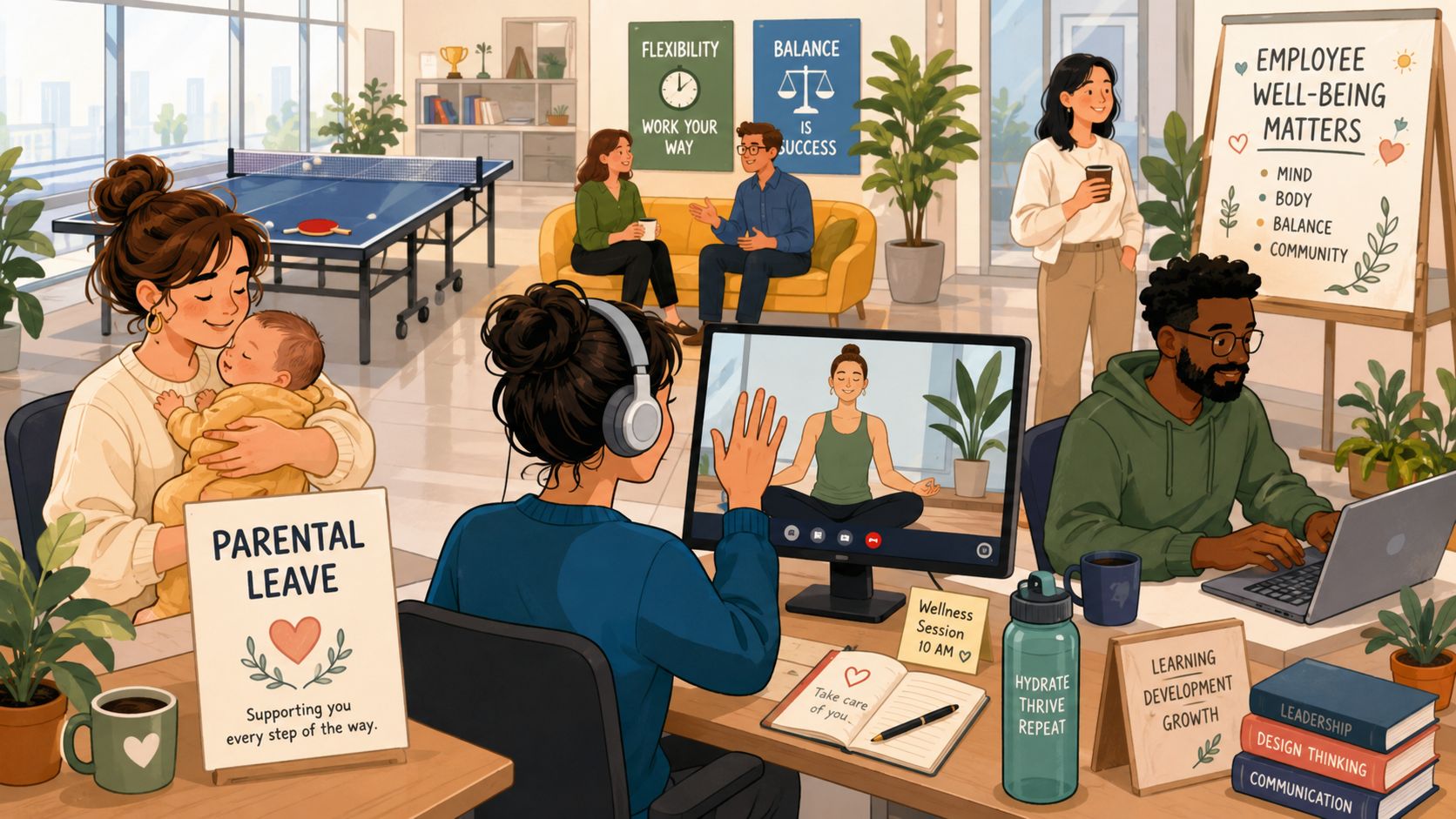 A warm office environment showing employees engaging with various health, wellness, and parental support workplace benefits.