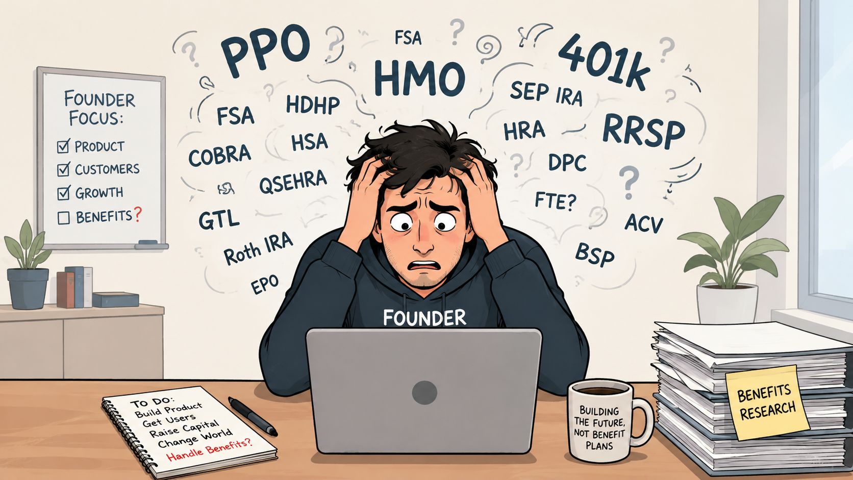 A stressed startup founder at a desk surrounded by overwhelming employee benefit acronyms and piles of paperwork.