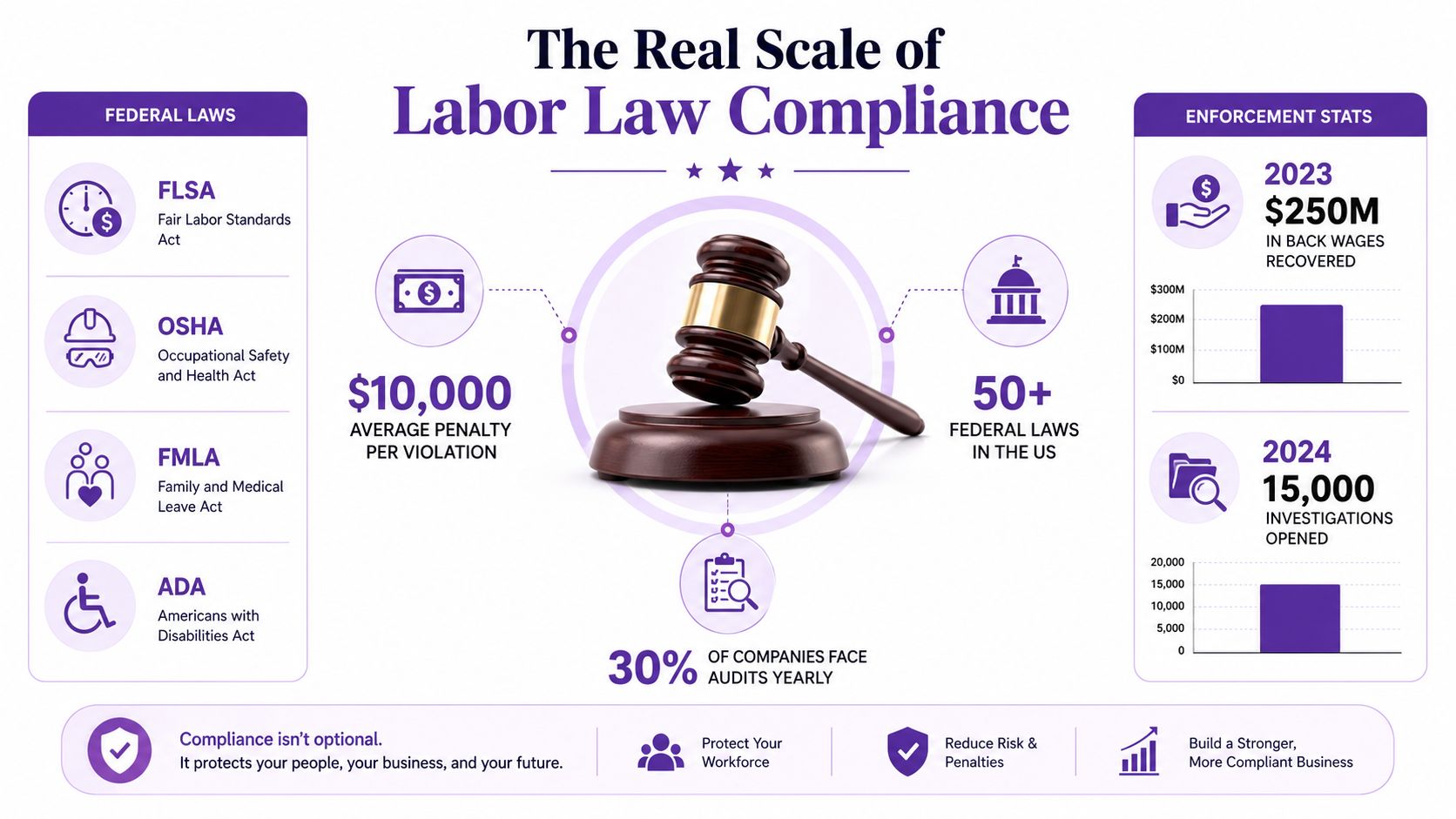 An infographic titled The Real Scale of Labor Law Compliance detailing federal laws, enforcement statistics, and audit risks.