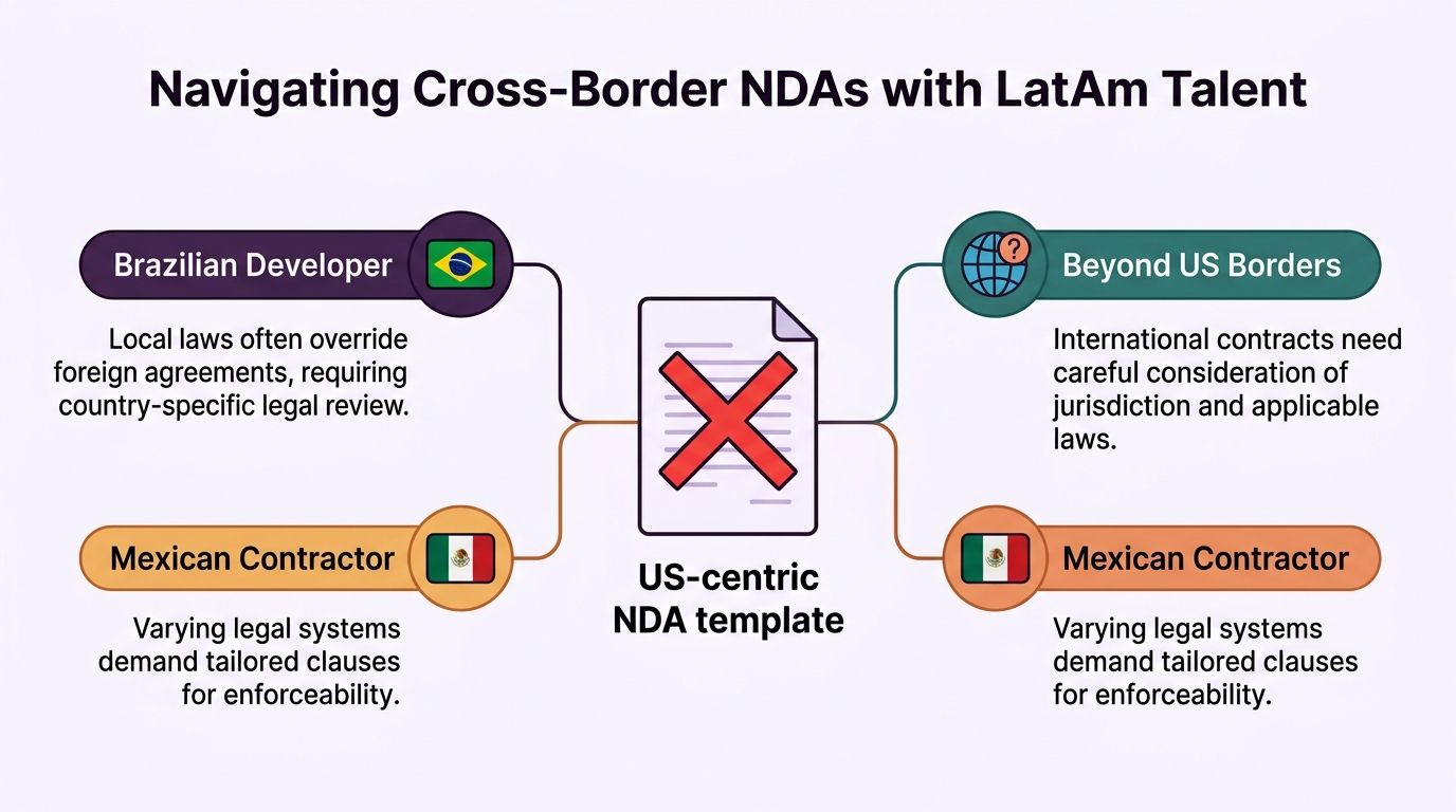 A diagram illustrating the challenges of using US-centric non-disclosure agreements with international talent in Latin America.