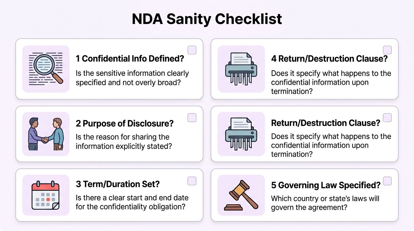 A checklist of five essential points to review when assessing a non-disclosure agreement for legal clarity.