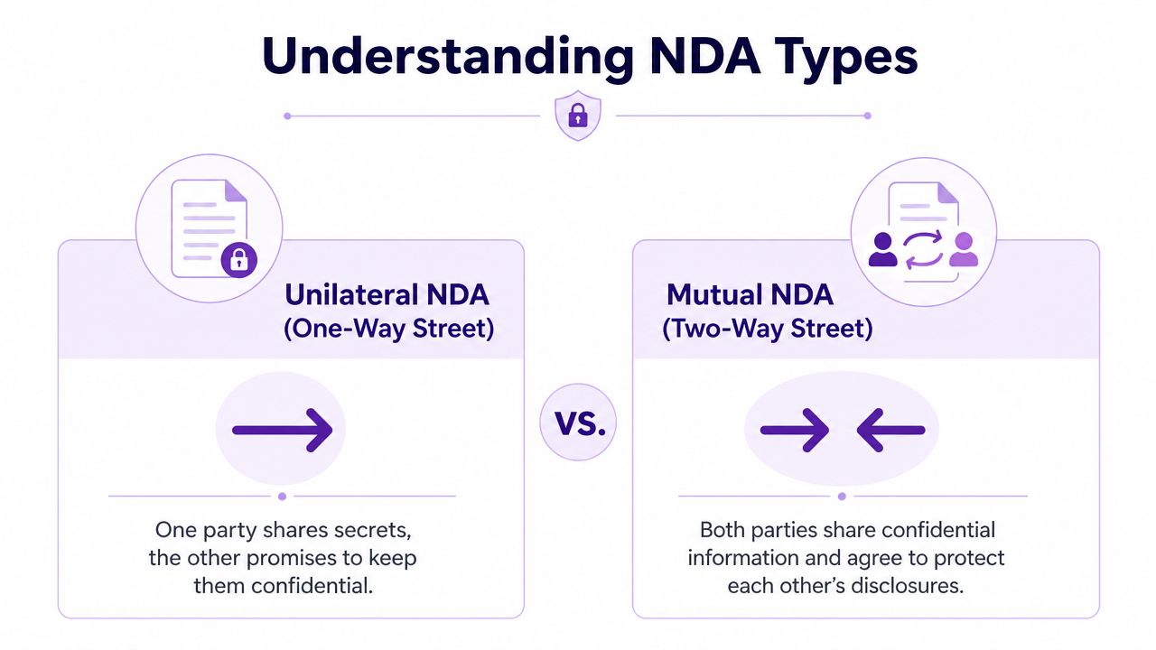A diagram comparing the differences between unilateral one-way and mutual two-way non-disclosure agreements for business privacy.