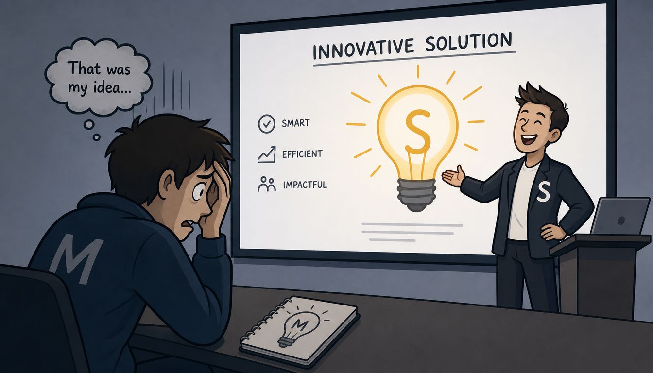 A man looking distressed as his coworker presents his stolen business idea during a corporate meeting.