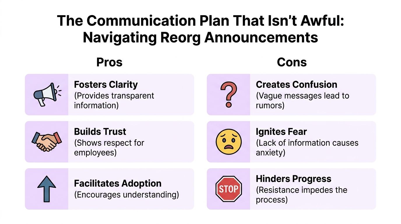 A chart outlining the pros and cons of clear communication during organizational restructuring announcements.