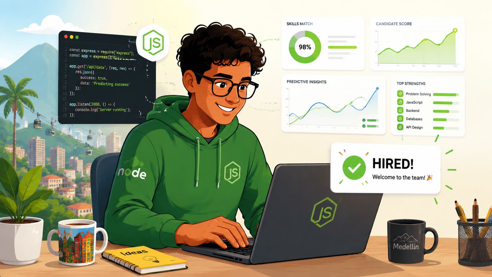 A young software developer happily coding on a laptop while viewing predictive hiring analytics and job success metrics.