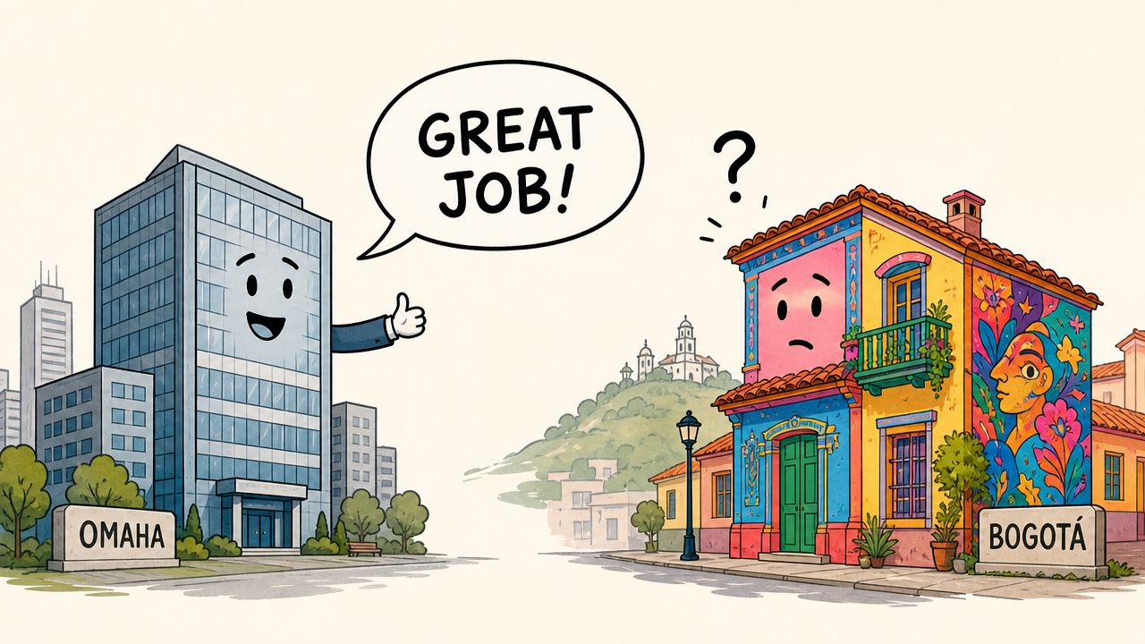 An anthropomorphic office building in Omaha gives a thumbs up and praises a colorful house in Bogota.
