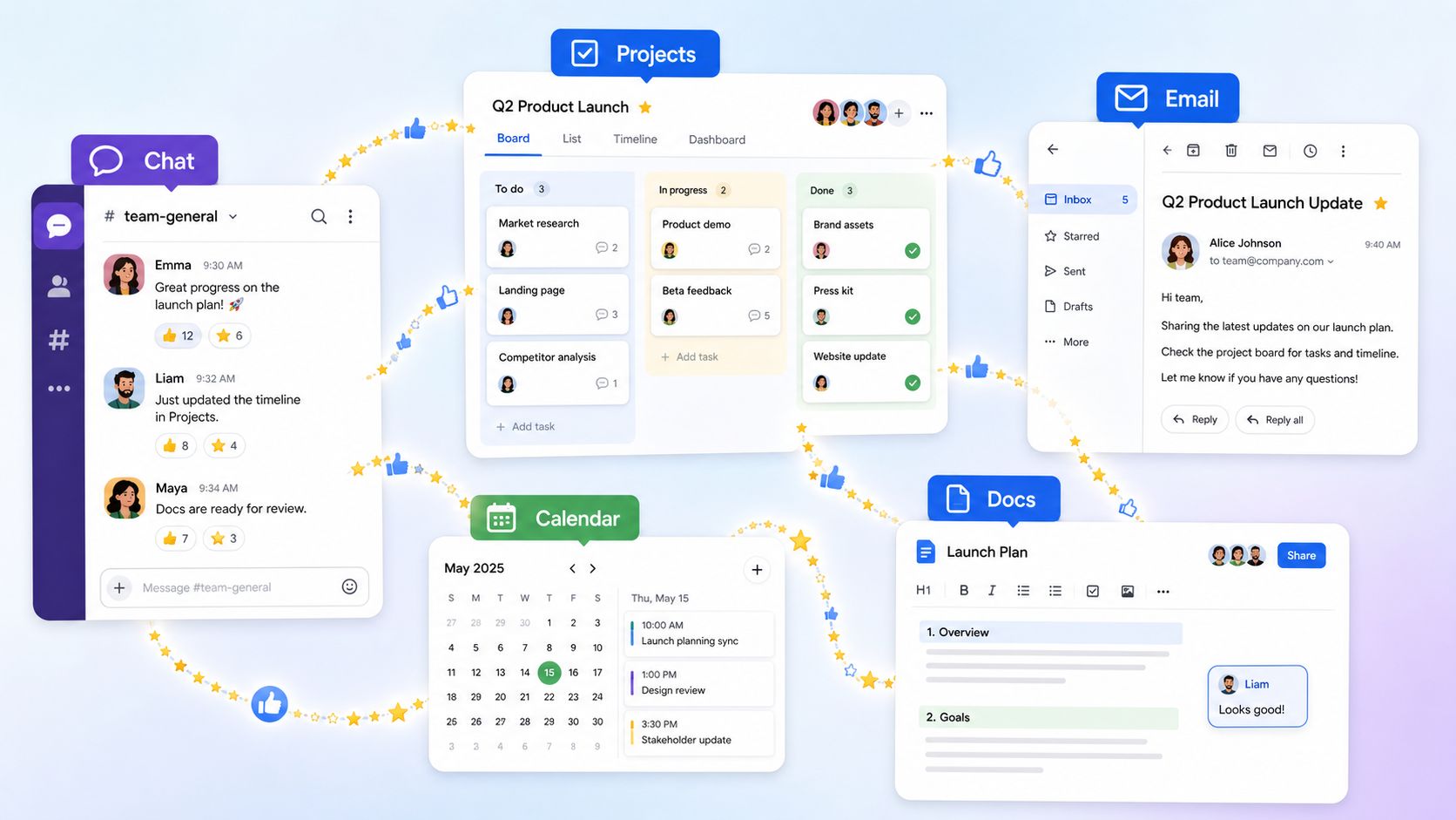 A digital interface showcasing integrated collaboration tools like chat, project management, email, calendar, and document editing.