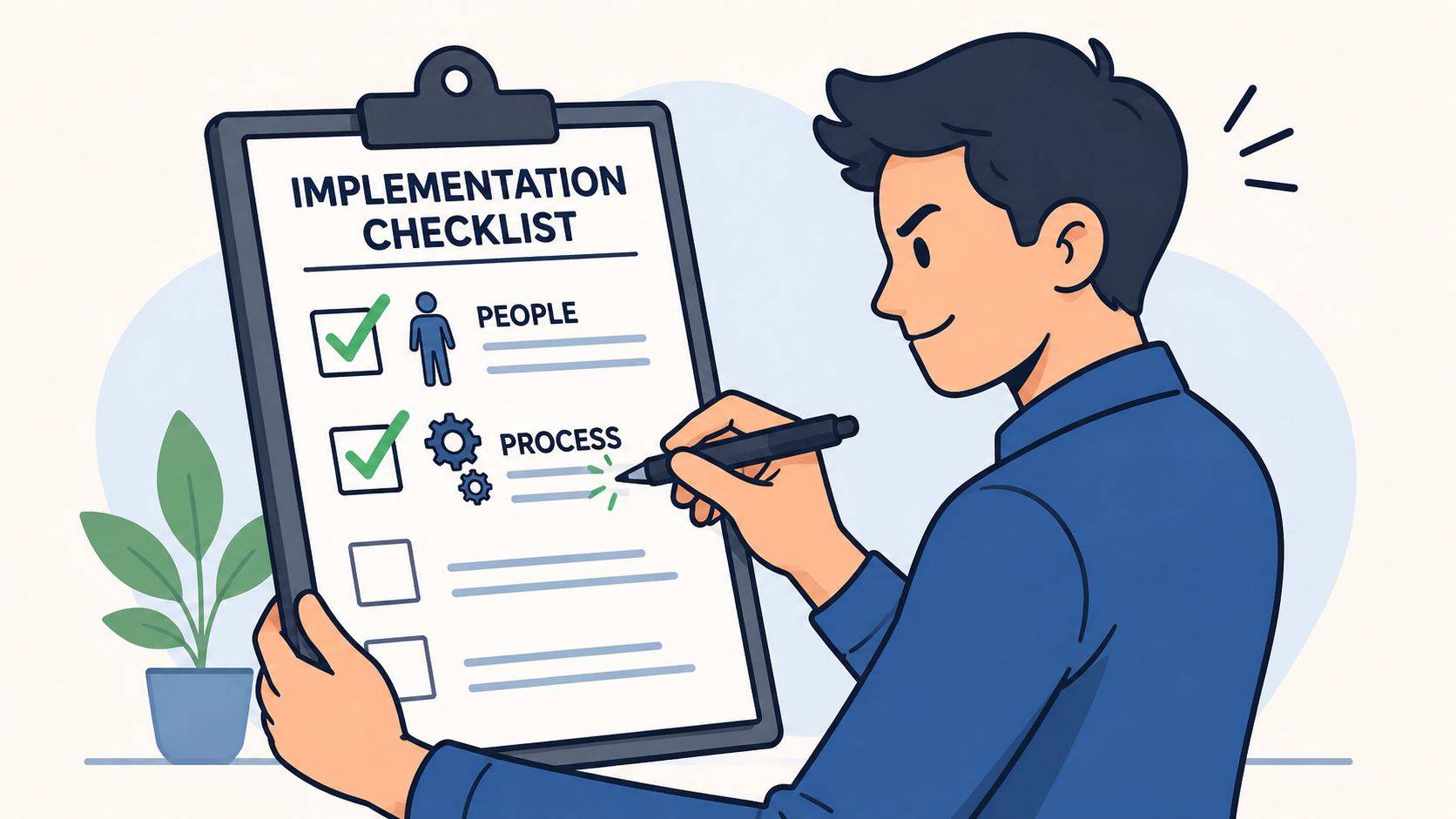 A professional man checking off items on an implementation checklist clipboard in a modern office setting.