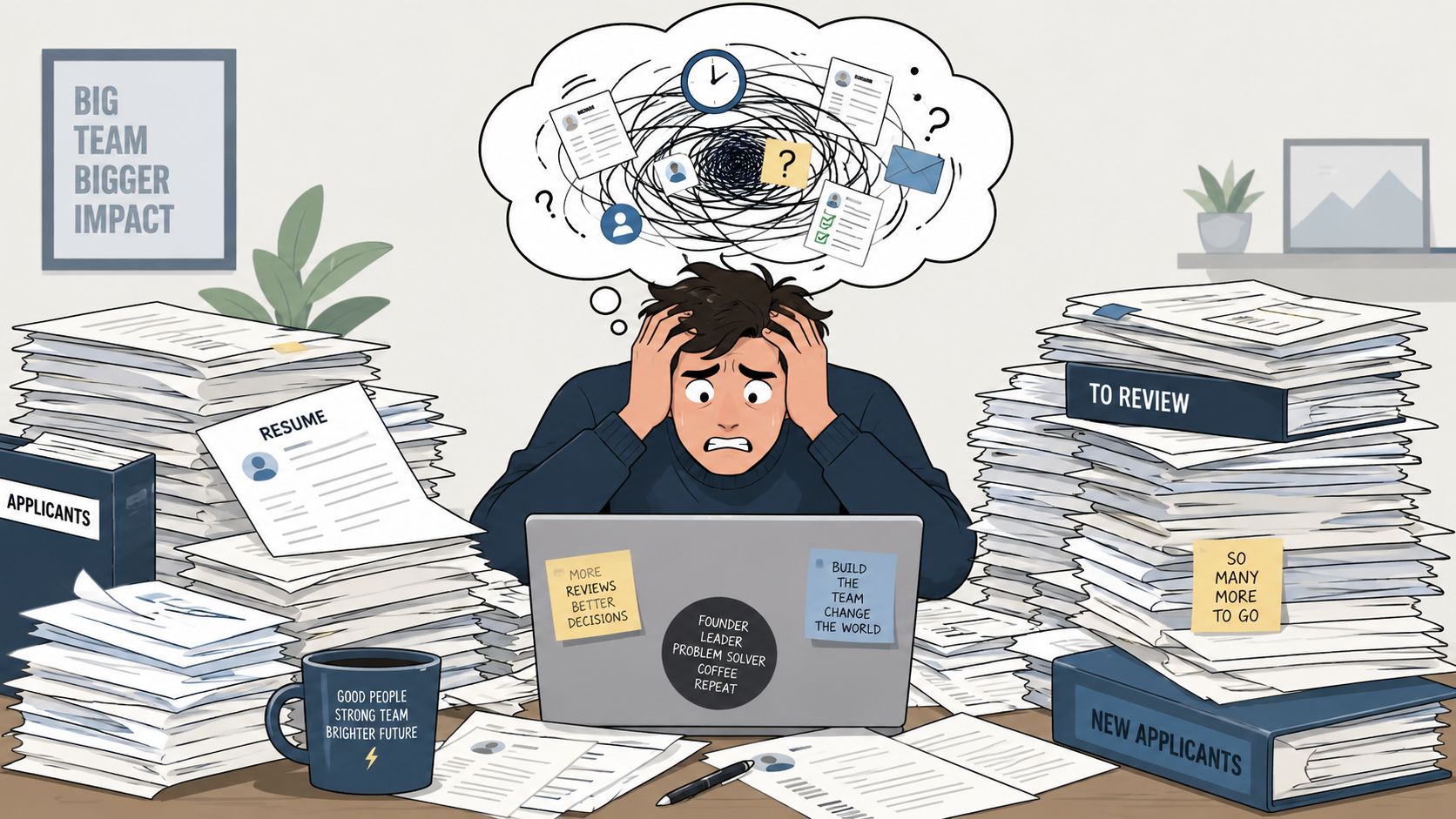 A stressed hiring manager overwhelmed by a massive pile of job resumes and applications at their desk.