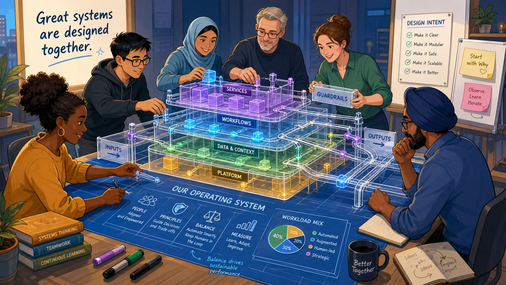 A diverse team collaboratively builds a layered 3D model representing a complex organizational operating system.