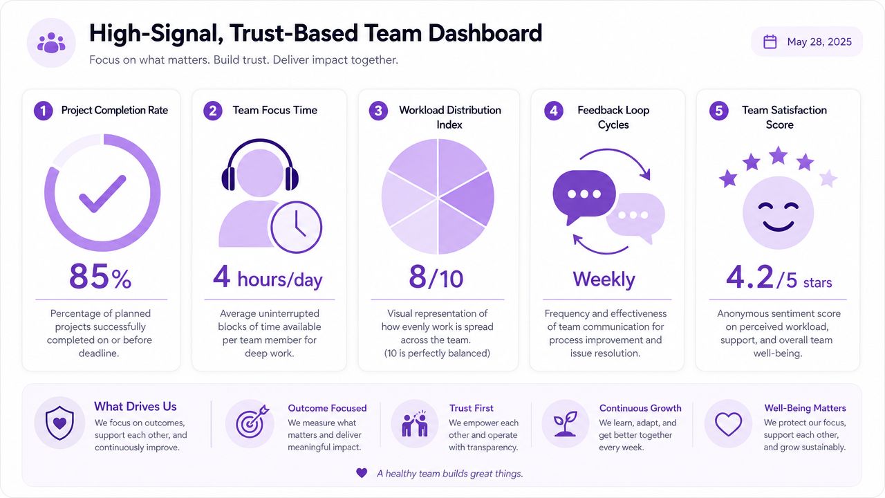A dashboard displaying high-signal team metrics including project completion rates, focus time, and satisfaction scores.
