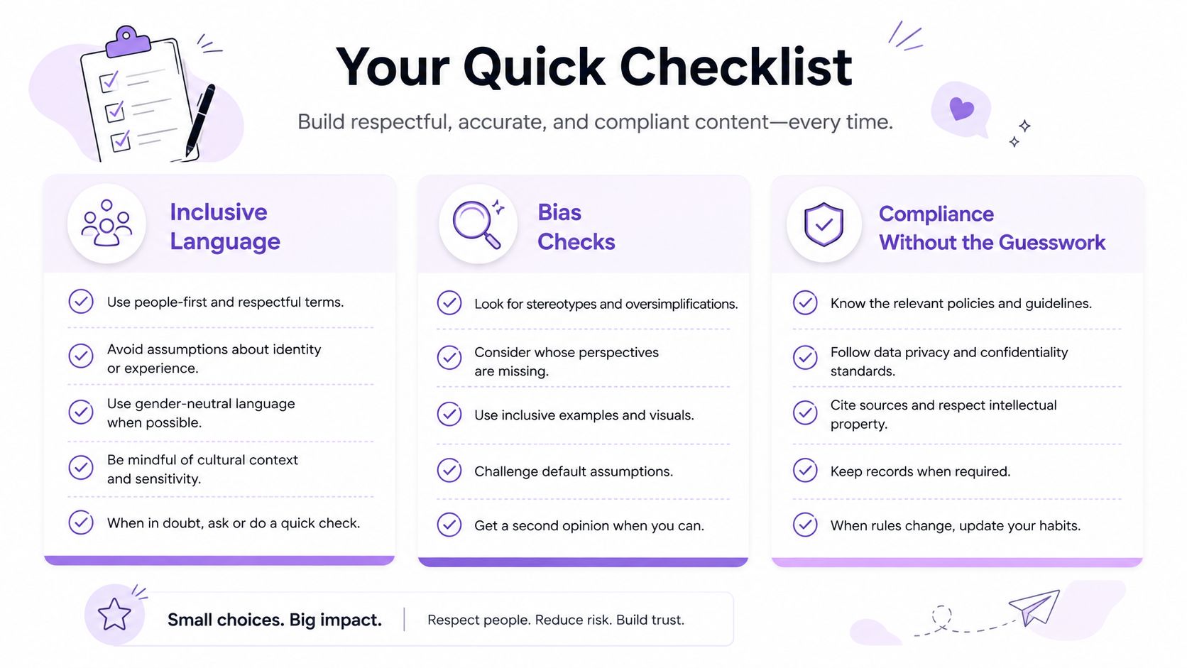 A quick checklist for content creation covering inclusive language, bias checks, and compliance guidelines.