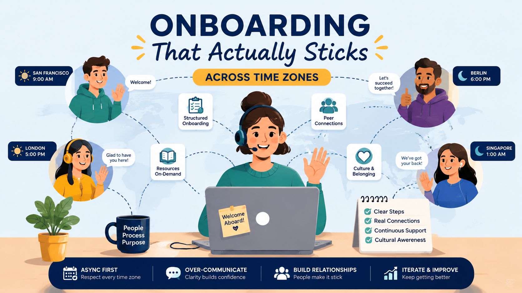 A digital illustration showing diverse remote team members connecting across global time zones for effective employee onboarding.