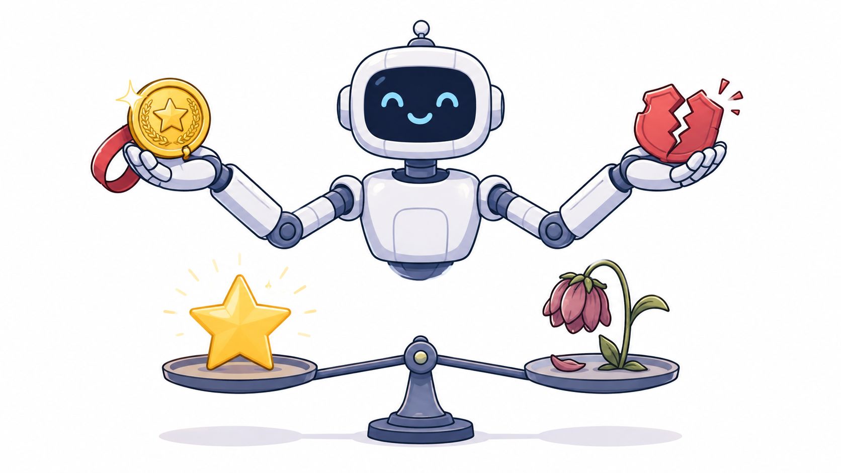 A friendly cartoon robot balancing a golden medal and a broken heart symbol on a scale.