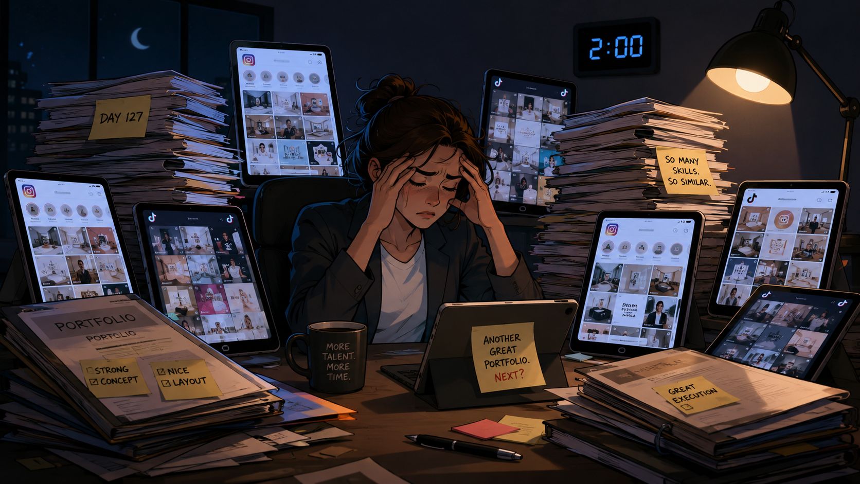 Stressed content creator working late surrounded by multiple digital tablets showing social media profiles and paper files.