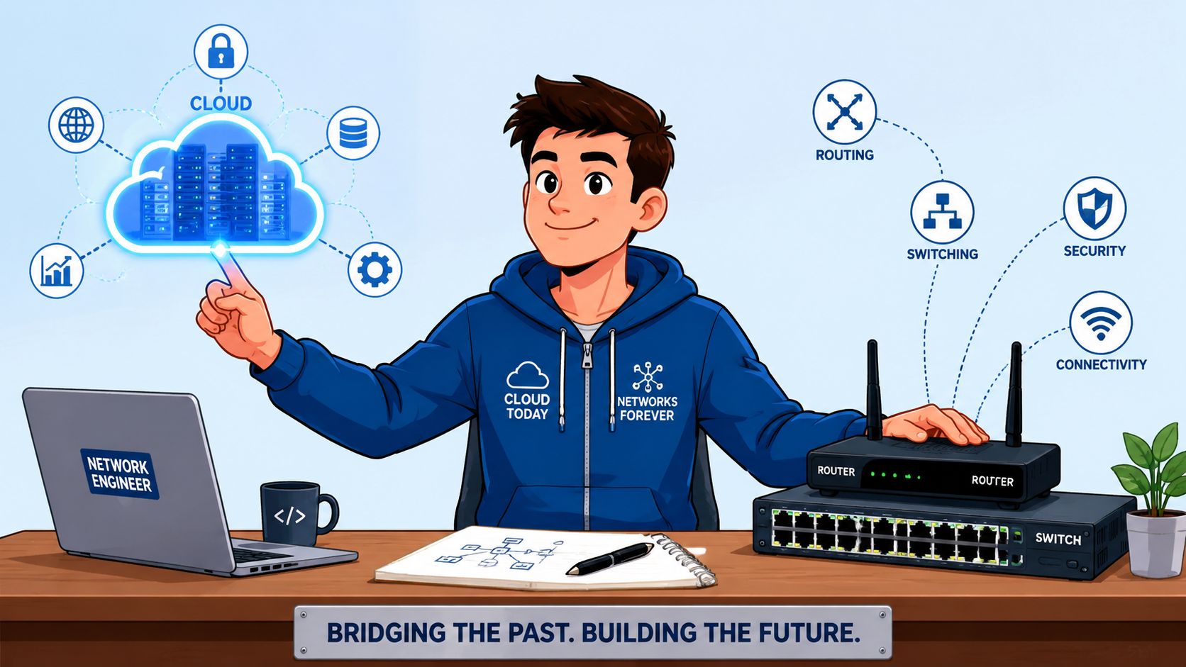 A smiling network engineer in a blue hoodie working on cloud and hardware networking solutions at a desk.