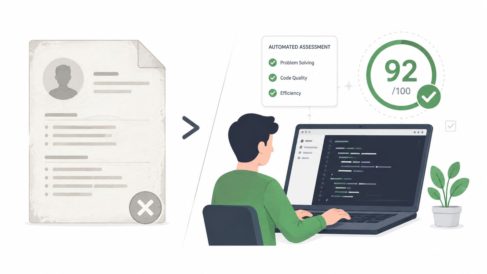 An illustration showing a transition from a traditional resume with an X mark to a developer completing an automated coding assessment with a score of 92.