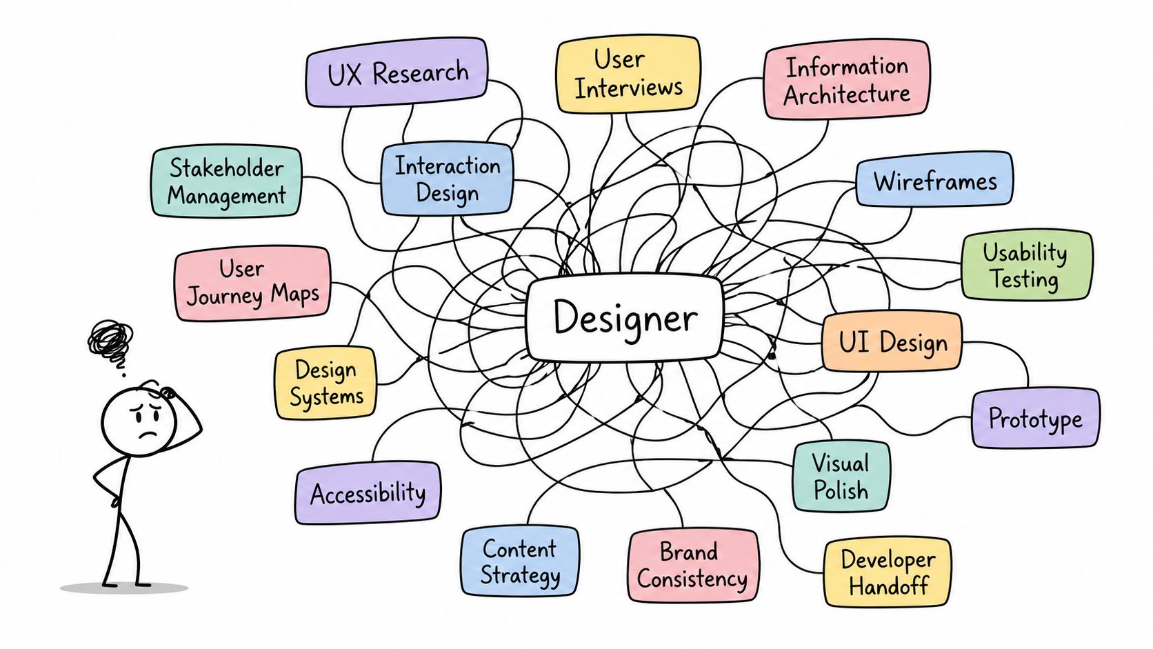 A hand-drawn illustration showing a confused designer overwhelmed by numerous complex responsibilities and varied tasks.