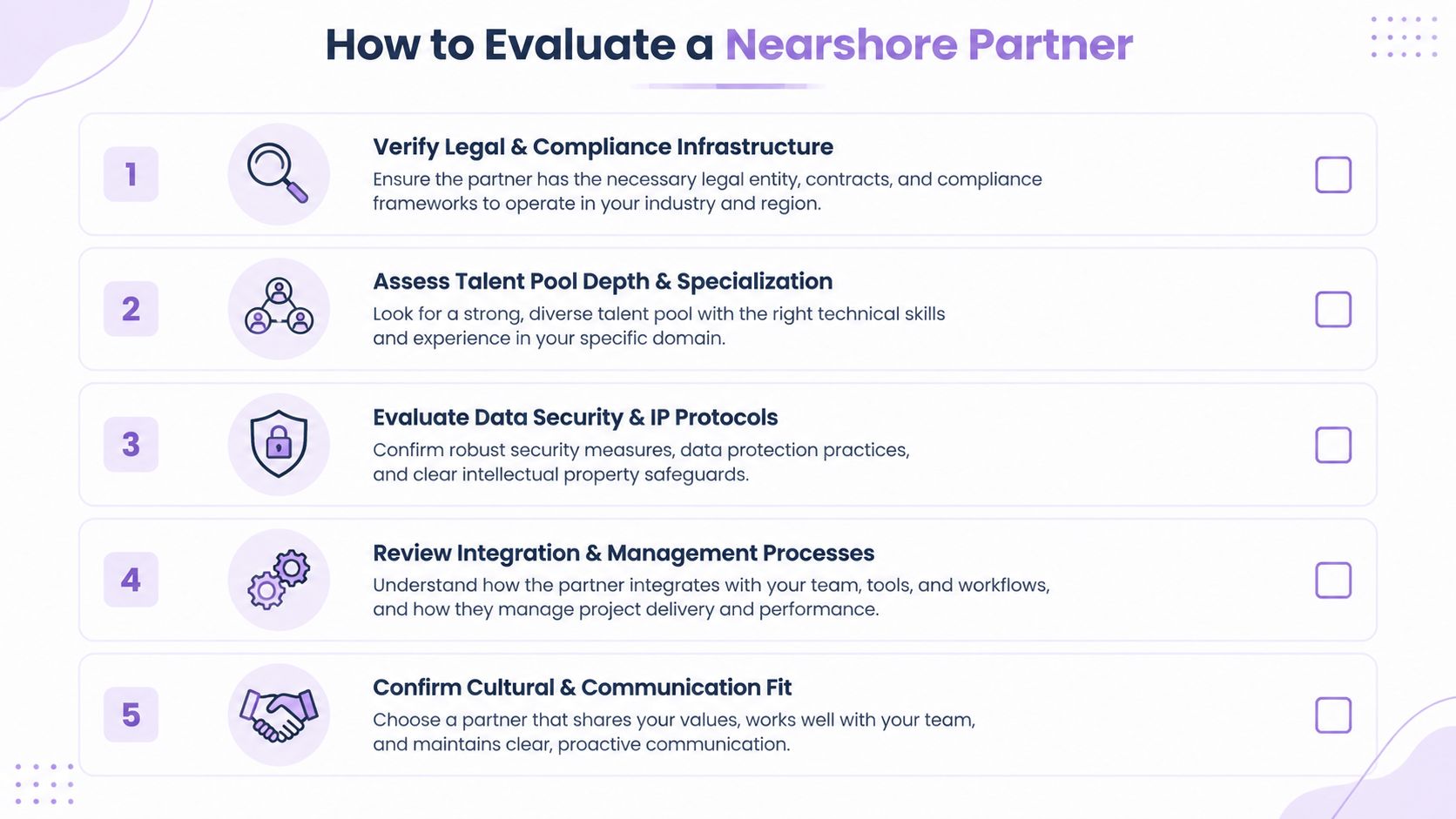 A checklist illustrating five essential steps to evaluate and choose a professional nearshore business partner.