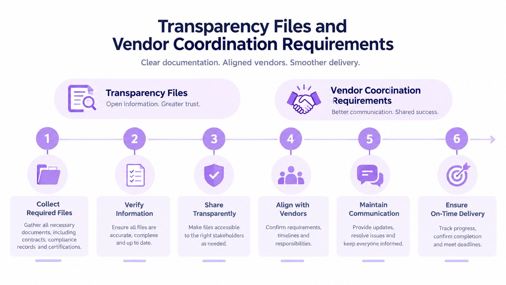 A process infographic outlining steps for transparency files and vendor coordination requirements for project success.