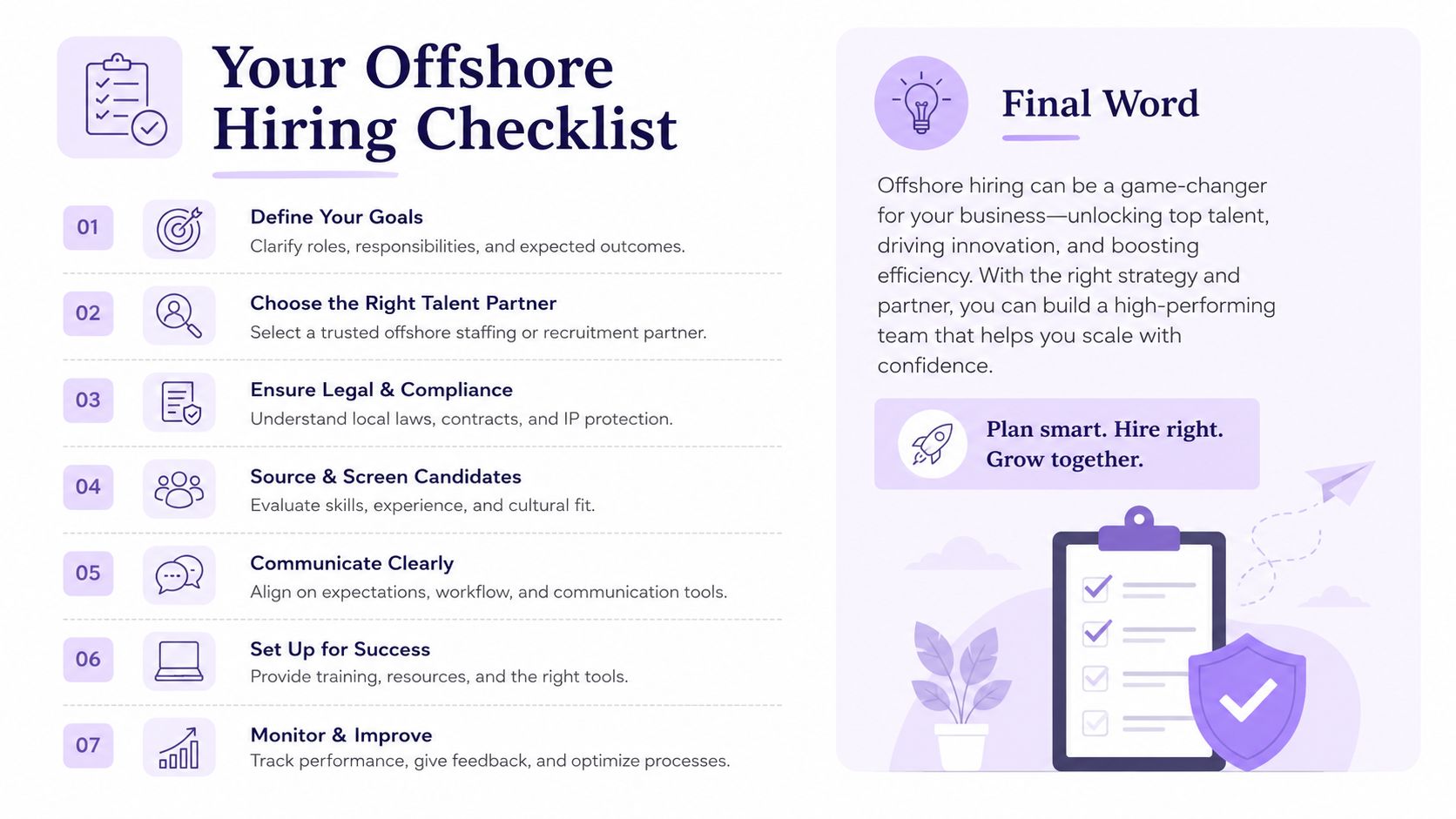 A seven-step checklist for hiring offshore employees to build a successful and efficient global team.