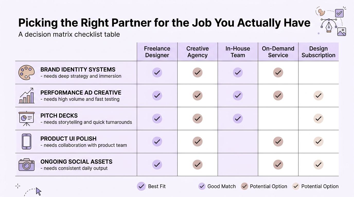 A decision matrix table comparing five design service providers based on specific creative job requirements.