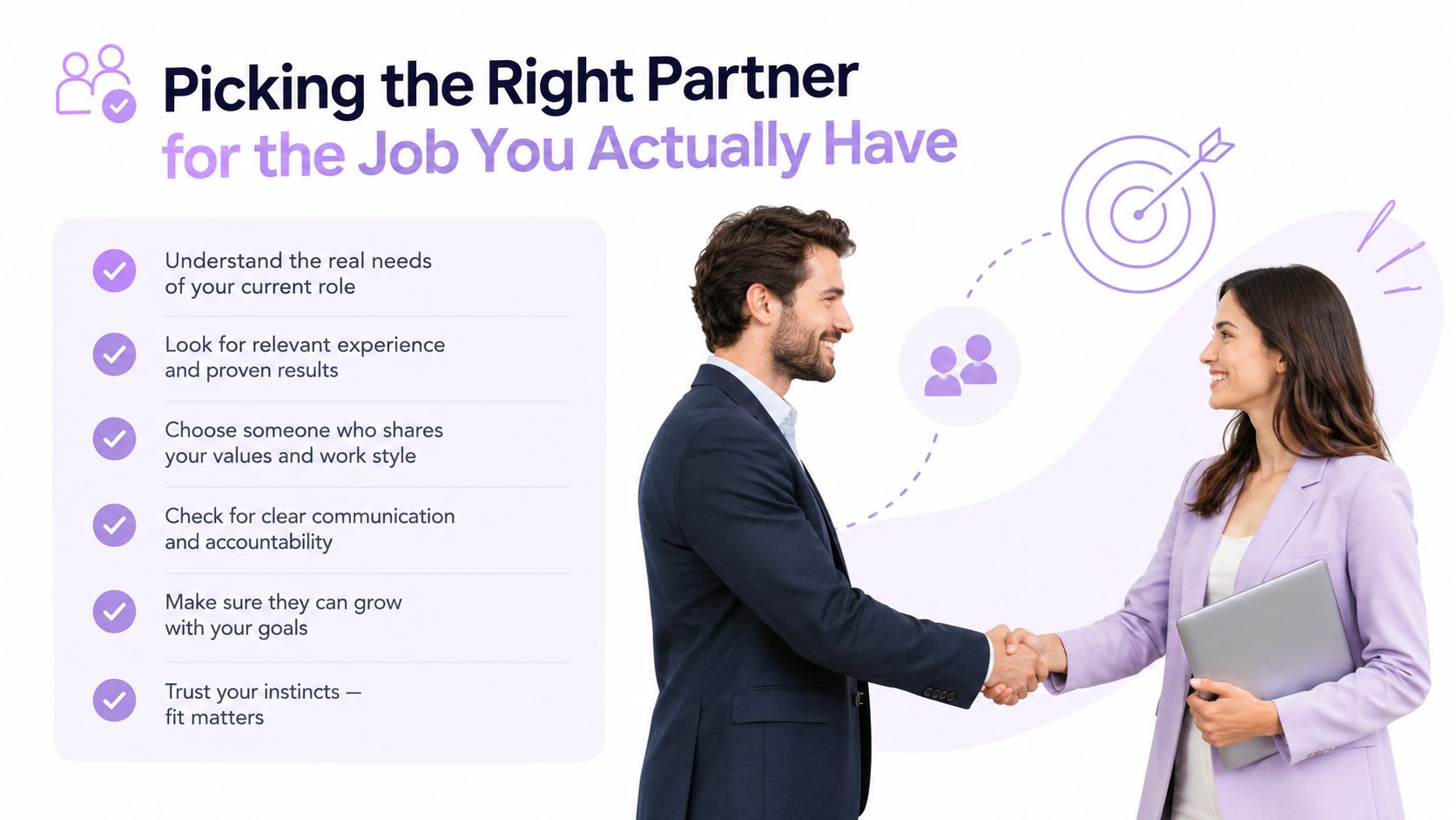 A professional man and woman shaking hands, representing a guide for selecting the right business partner.