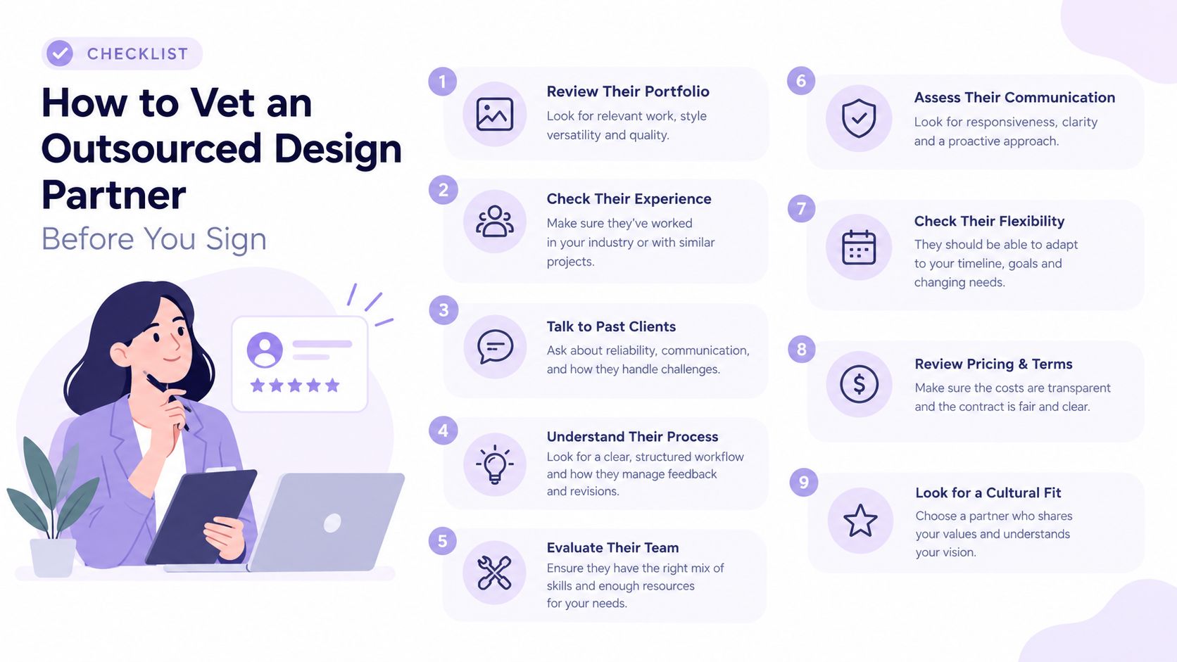 A checklist infographic illustrating nine steps for vetting an outsourced design partner before signing a contract.
