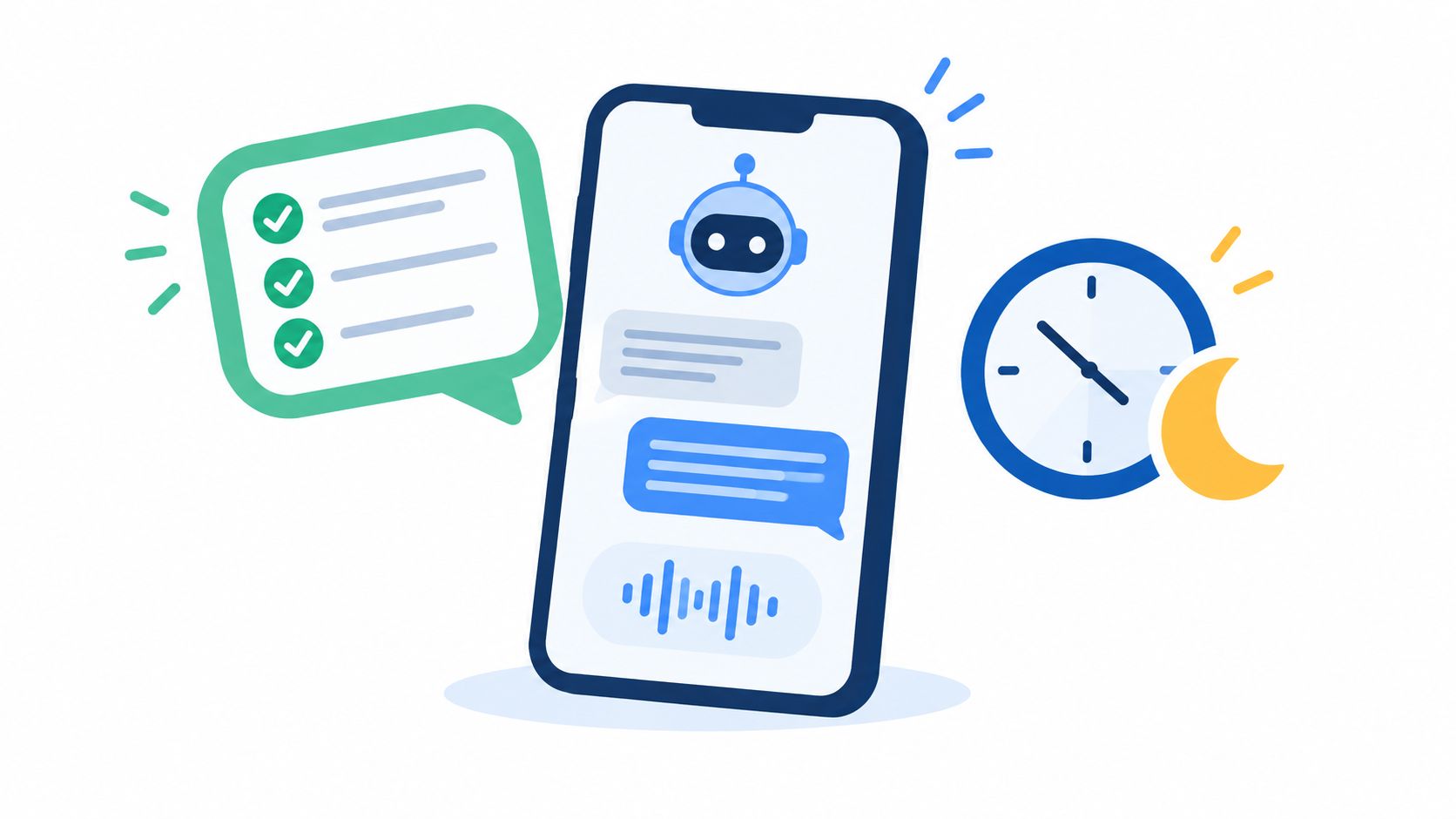 A smartphone displaying a chatbot interface with a task list bubble and a clock icon.