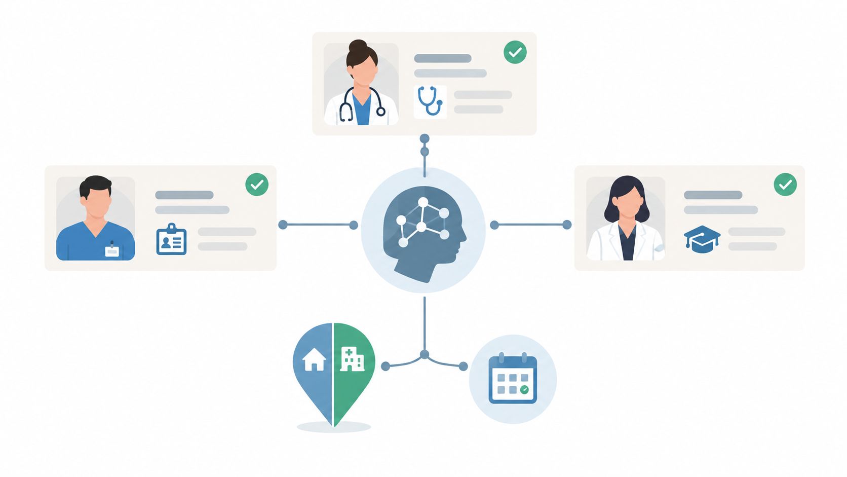 A digital illustration showing a central AI brain connected to healthcare professional profiles, locations, and scheduling icons.