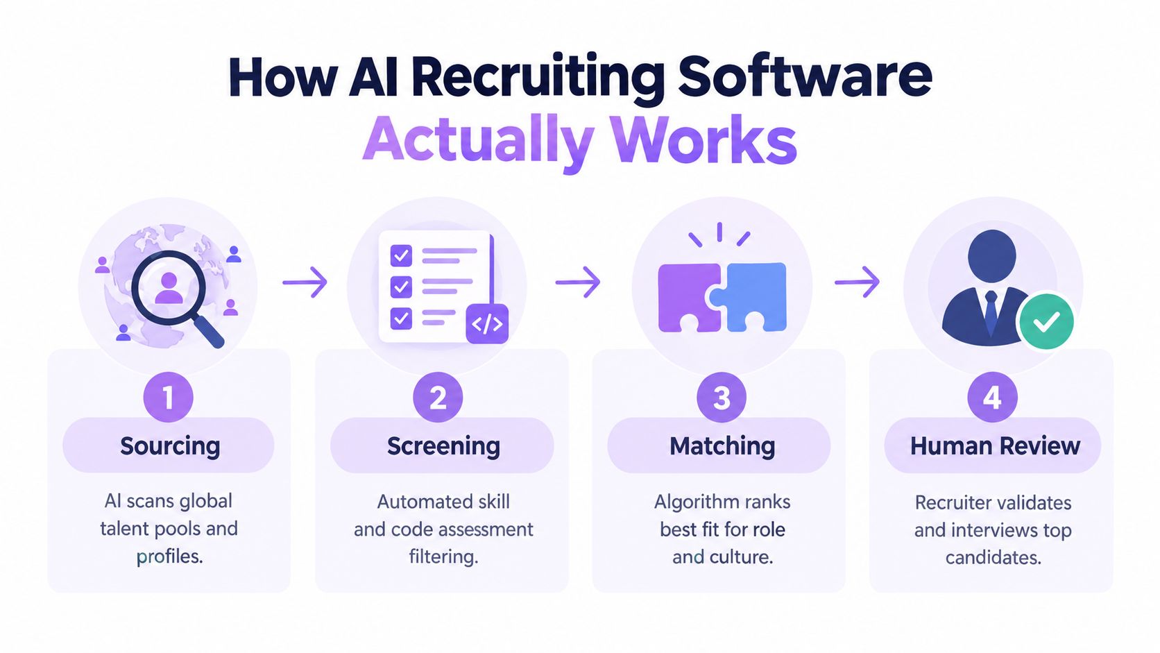 A diagram illustrating the four steps of how AI recruiting software functions for hiring talent.