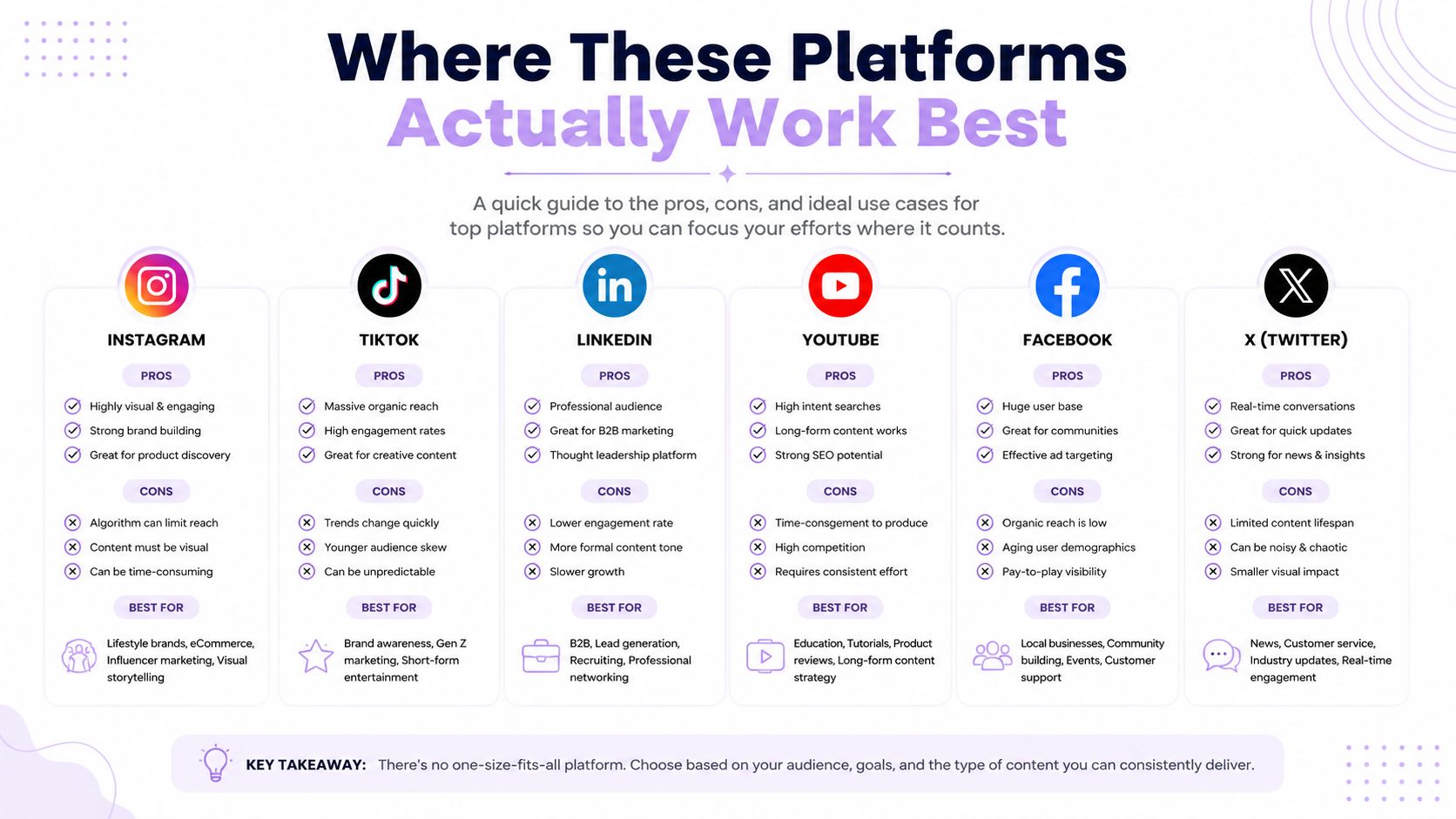 An infographic guide comparing pros, cons, and ideal use cases for popular social media marketing platforms.