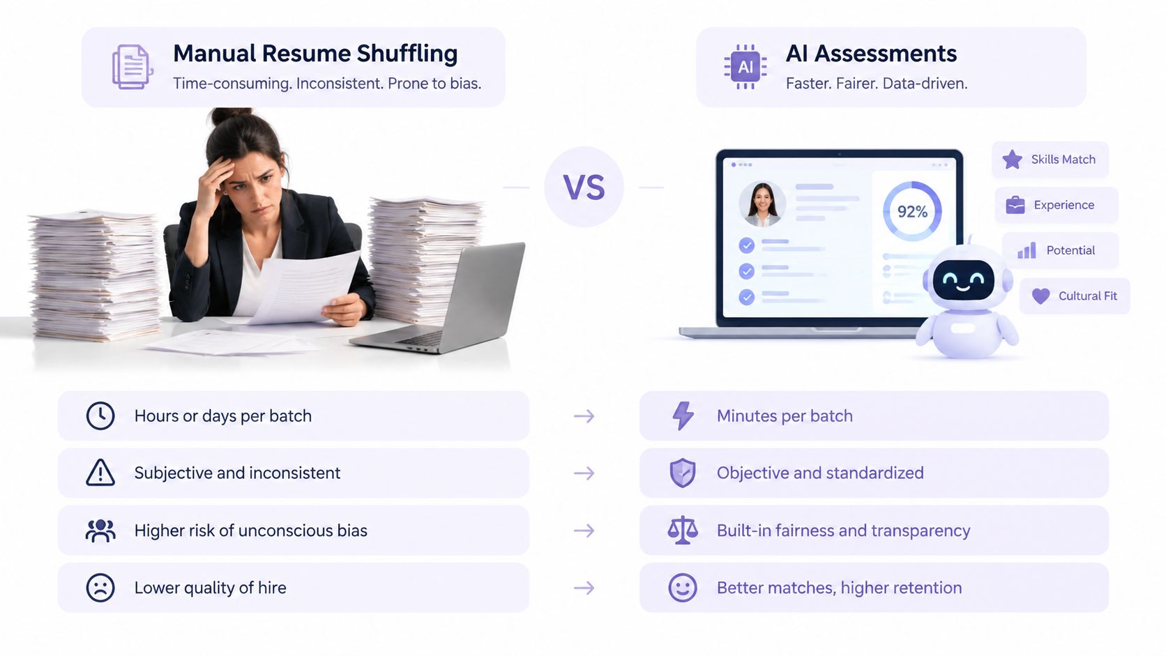 A comparative illustration showing the inefficiency of manual resume screening versus the speed of AI-driven assessments.