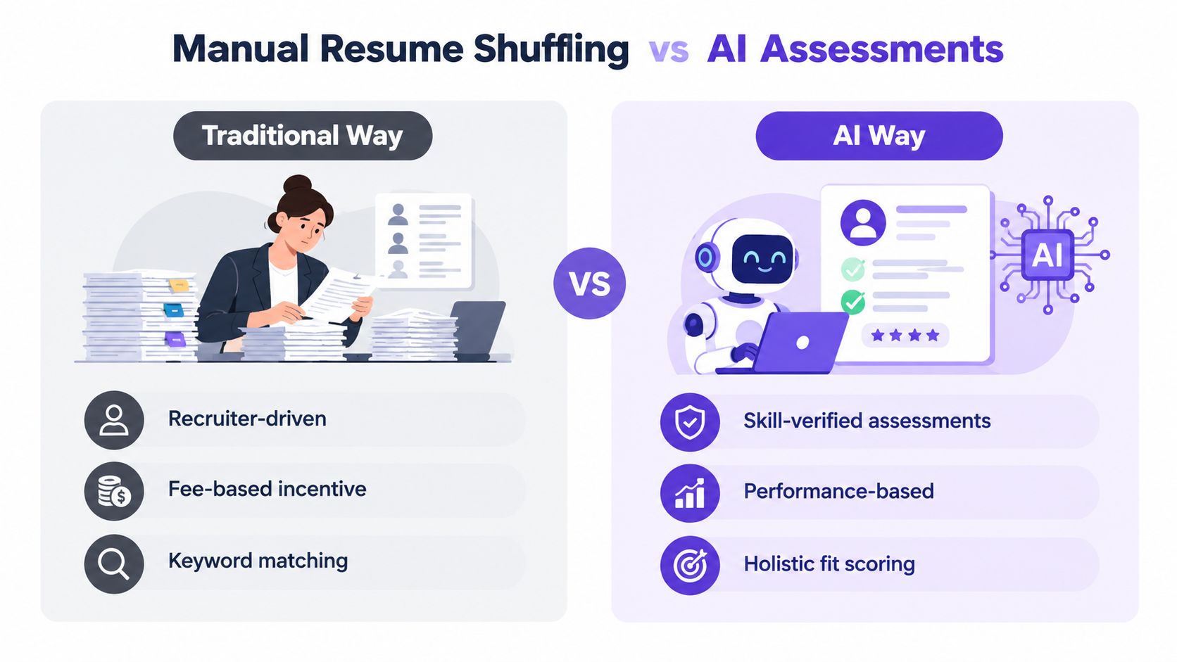 A comparative infographic showing the difference between traditional manual resume shuffling and automated AI-driven candidate assessments.