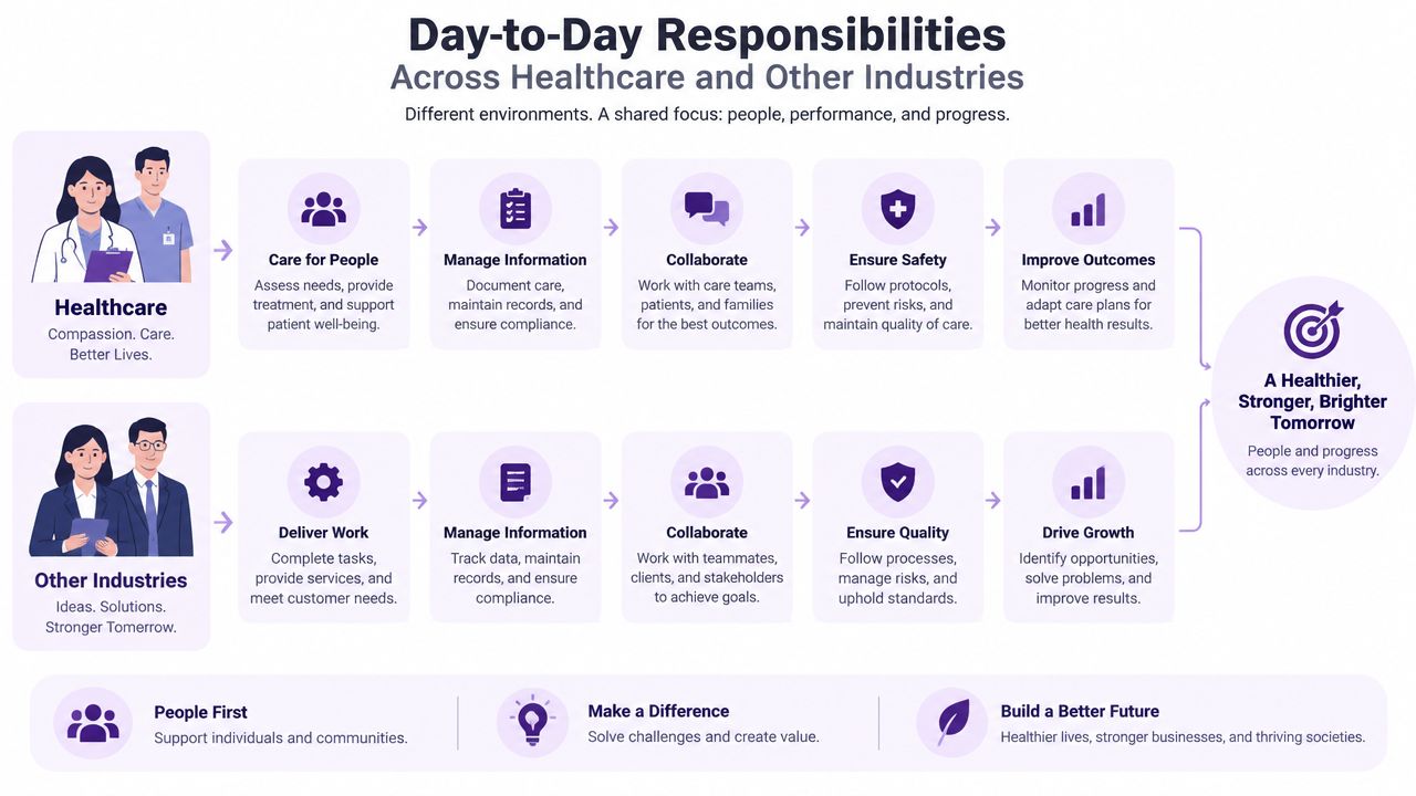 A flowchart comparing day-to-day responsibilities in healthcare versus other industries, highlighting shared goals of progress.
