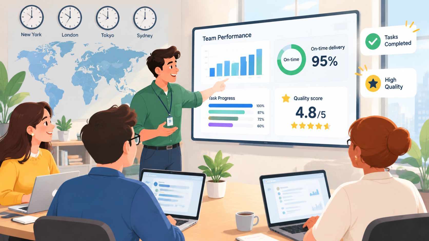 A professional team collaborating during a business meeting presentation on team performance metrics in an office setting.