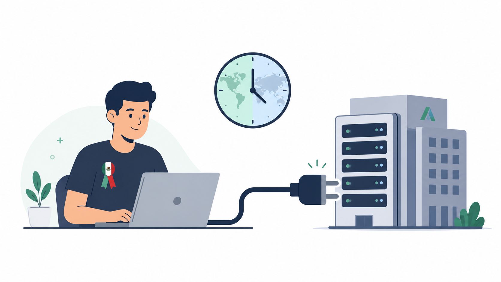 A professional working on a laptop connecting to a server building in a Mexican outsourcing strategy concept.
