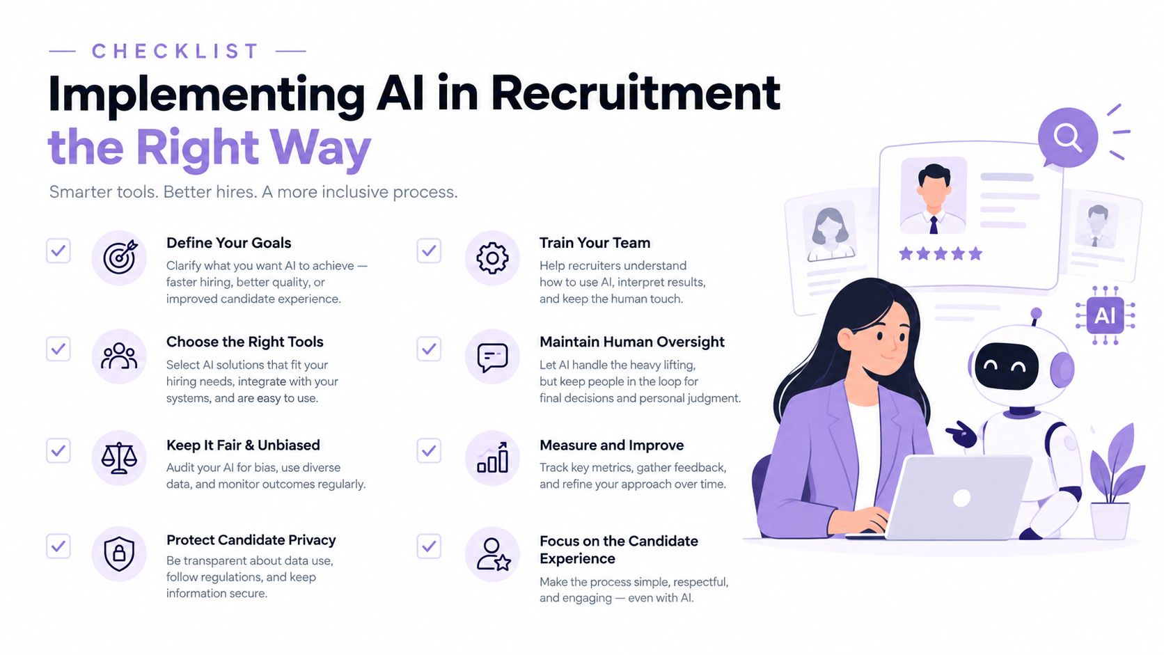 A checklist infographic illustrating the essential steps for successfully and ethically implementing AI in recruitment processes.