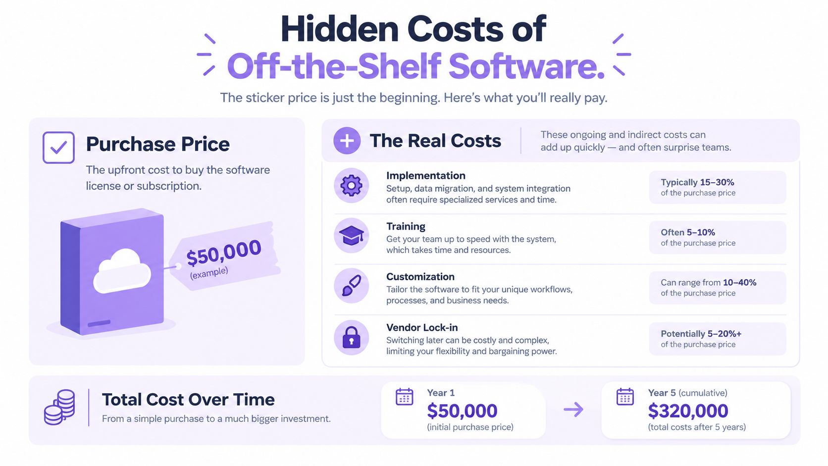 An infographic detailing hidden costs of off-the-shelf software beyond the initial purchase price, including implementation and training.