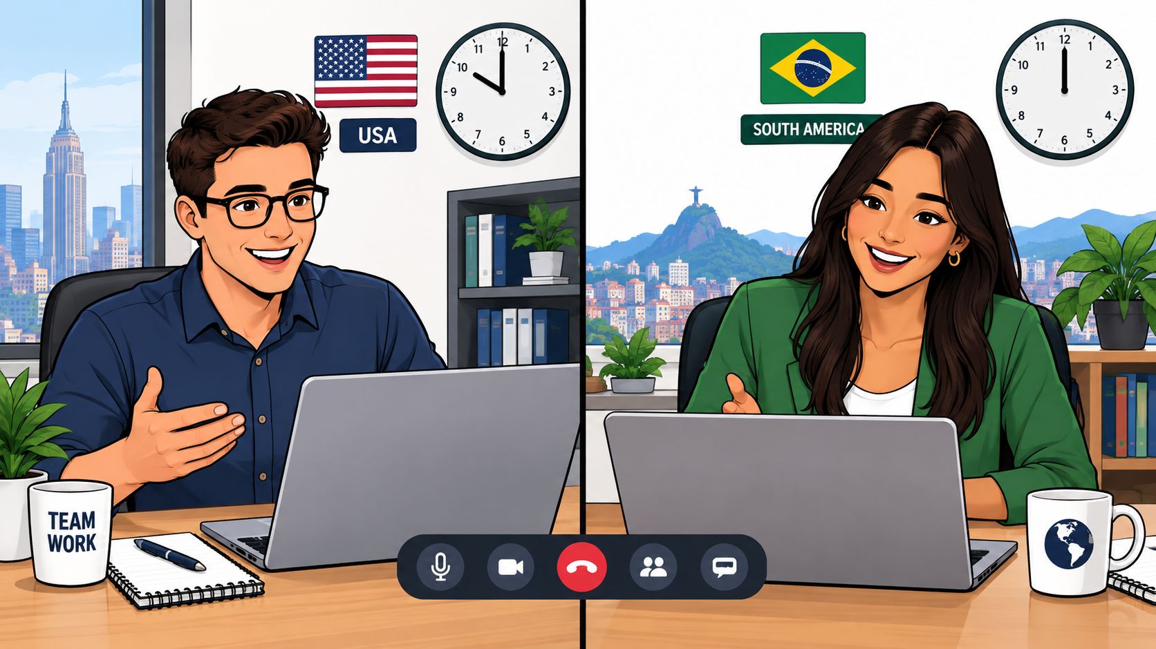 An illustration of two professionals in the US and South America on a video call, showing convenient time zone alignment for meetings.