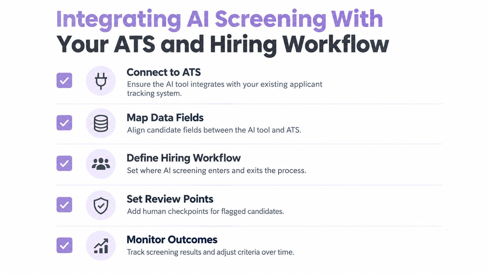 A checklist infographic illustrating five essential steps to integrate AI screening tools into your hiring workflow.