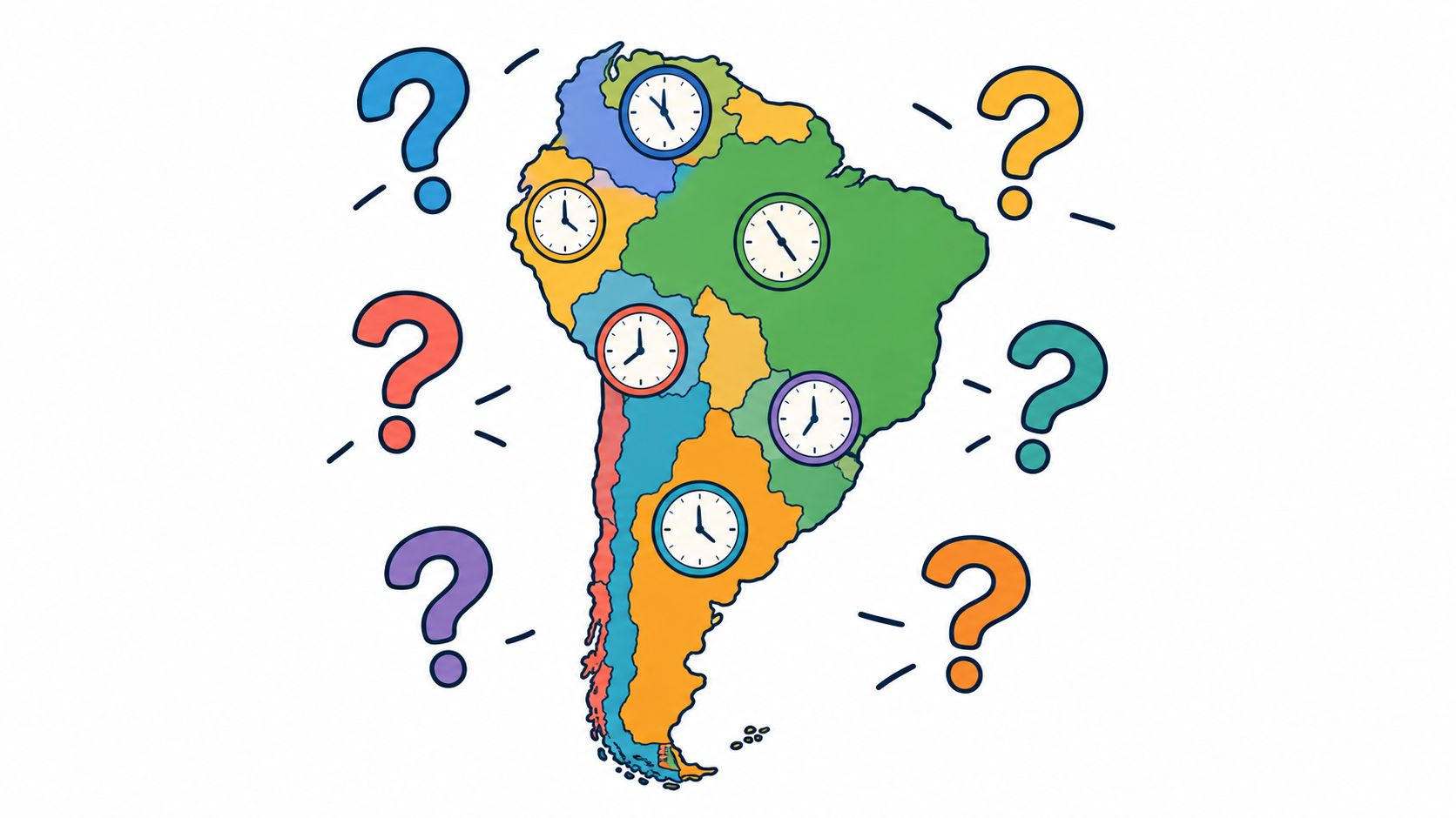 An illustration showing a map of South America with clocks and question marks, symbolizing common questions about time zones.